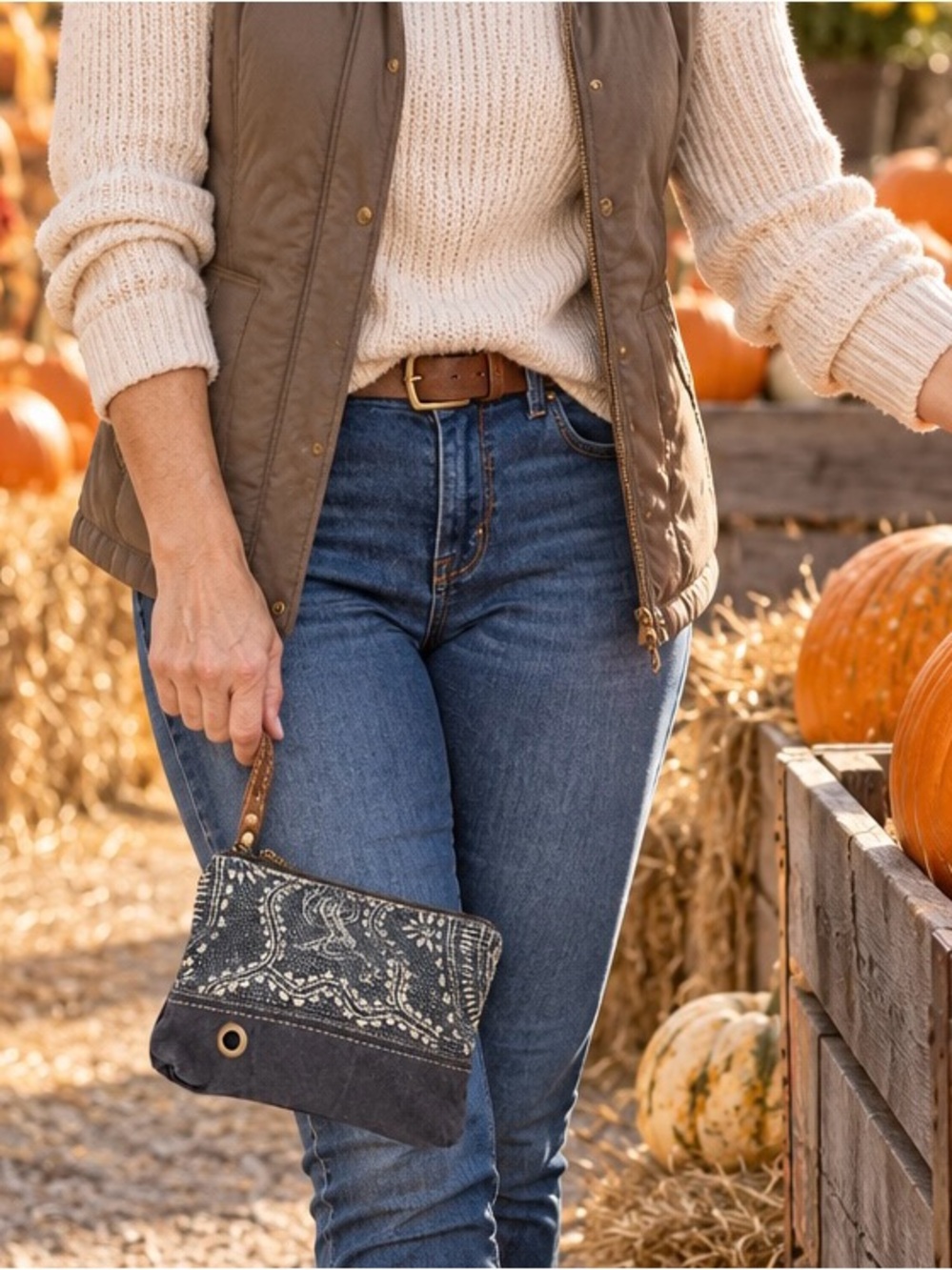 Myra Bag Blue Gray Paisley Canvas & Leather Wristlet Pouch